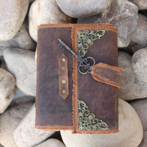 Personalized Embossed Key Leather Journal, Handmade Antique <b>Notebook</b>, Deckle Edge Paper, Metal Corner Details, Vintage <b>Diary</b> - Product Image 3