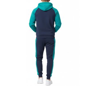 Survêtement pour homme de qualité supérieure bleu marine et vert sarcelle |   Sweat à capuche bicolore avec pantalon à rayures latérales contrastées bleu sarcelle - Product Image 2