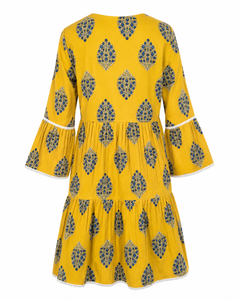 Yellow Tiered <b>Sweet</b> Natural Woven Eco-Friendly Casual Dress Women Ethnic Print Flare Sleeve Round Neck <b>Party</b> Wear - Product Image 3