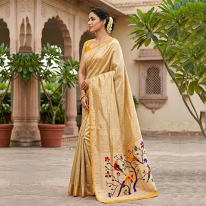 Beige <b>Tissue</b> Silk Saree Rich Zari Woven Design | Traditional Indian <b>Wedding</b> Diwali Prom Wear Floor-Length Designer Saree for - Product Image 1
