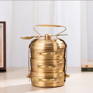 Floral brass tiffin <b>box</b>, 2 tier cream vintage lunch <b>box</b>, traditional patterned flower metal food carrier, at wholesale prices. - Product Image 2