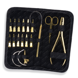 Pince à cheveux dorée en acier inoxydable vente en gros, kit d'outils avec pinces, aiguille, ciseaux, pince à boucle en microbilles à 2 trous - Product Image 1