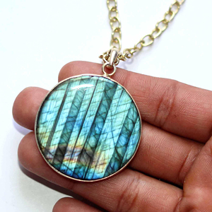Labradorite Bezel <b>Necklace</b> Natural Gemstone Gold Silver Plated Round Pendant | Multi Flash Handmade Jewelry Wholesale India Bulk - Product Image 4