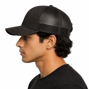 Casquette Trucker Unisexe Noire en Toile, 6 Panneaux, Réglable, Couleur Unie, Style Décontracté, 100% Coton, pour Adultes, Printemps - Product Image 1