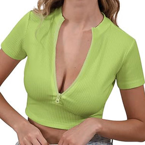 T-shirt court zippé personnalisé pour femme, 100 % coton doux, haut décontracté, t-shirt court zippé sur le devant pour femme, style streetwear tendance, logo personnalisé - Product Image 1