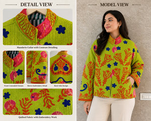 Wholesale Boho Lime Green <b>Quilted</b> Jacket Women Embroidery Floral Cotton Coat Ethnic Mandarin Collar Winter Short Outerwear - Product Image 5