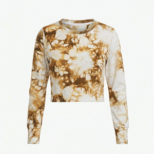 Women's <b>Black</b> White Tie Dye <b>Long</b> Sleeve Crop <b>Top</b> O-Neck Knitted High Stretch Spandex/Nylon Activewear Casual Autumn Wear - Product Image 6
