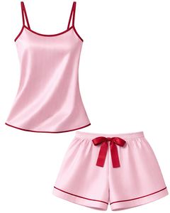 <b>Light</b> Pink Red Satin Women Pajama Set Silk Sleepwear Spaghetti Strap Cami And Shorts Soft Luxury Nightwear Summer <b>Lounge</b> Set - Product Image 1