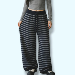 Pantalon ample en tricot rayé pour femme, taille élastique, longueur complète, coton et élasthanne, extensible, décontracté, toutes saisons - Product Image 1