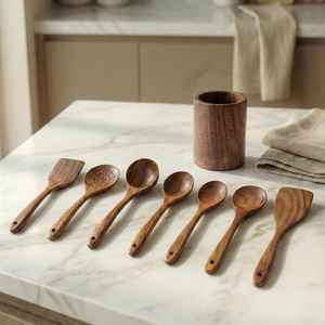 Ensemble d'ustensiles de cuisine en bois avec support, outils de cuisson rustiques faits à la main, cuillères et spatules en bois écologiques - Product Image 2
