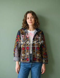Handcrafted Suzani Embroidery Breathable Woven Velvet <b>Quilted</b> Jacket Traditional Kashmiri Floral Peacock Motif Winter Wear Coat - Product Image 5