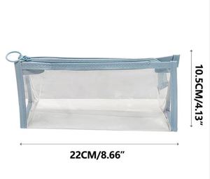 Custom Logo Durable <b>Clear</b> PE/PP/PVC Zipper <b>Bag</b> 22x10.5cm Resealable Travel Cosmetic Pouch Silk Screen Printed Light Blue Trim - Product Image 1