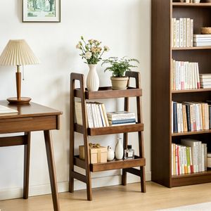 Libreria a 3 Ripiani in Legno Massello 100% con Tavolino Laterale, Design Salvaspazio per Soggiorno - Product Image 1