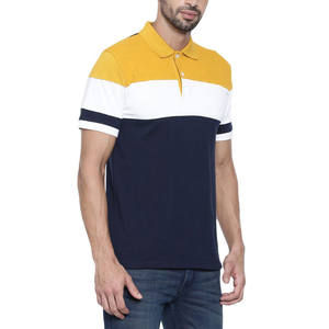 เสื้อโปโลผู้ชาย แขนสั้น ถักลายบล็อกสี ลำลอง สีกรมท่า ขาว เหลือง - Product Image 1