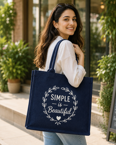 Simple Is Beautiful Jute Tote <b>Bag</b> Navy Blue Zipper Closure Hand Length Handle <b>Medium</b> <b>Size</b> Shopping <b>Bag</b> - Product Image 5