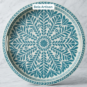 Bela - Bandeja Decorativa Artesanal con Incrustaciones de Hueso, Diseño Floral Azul, Decoración para el Hogar, Regalo para Bodas y Ramadán - Product Image 1