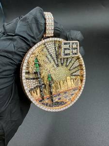 Pendentif Hip Hop personnalisé en Moissanite, motif paysage urbain avec palmiers, plaqué or et argent 925, bijoux fins, pendentifs et breloques - Product Image 3