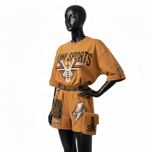 Ensemble t-shirt et short pour femme, coton molletonné premium 240 GSM, tissu doux et respirant, panneau contrastant, impression thermique personnalisée, ensembles pour femmes - Product Image 3