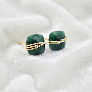 Handmade Geometric <b>Cushion</b> Cut Dyed Ruby Wire Wrapped Stud Earrings Dainty Jewelry in 18K Gold Plated - Product Image 4