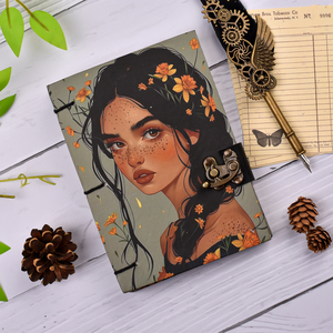 A5 Aesthetic Floral Girl Handmade Paper Journal with <b>Lock</b> Closure | 100 Pages Premium <b>Diary</b> Elegant Artistic Portrait Notebook - Product Image 2