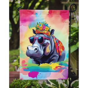 Drapeau de jardin hippopotame multicolore Hippie Animal Bannière décorative de cour pour patio Oeuvre d'art pour parterres de fleurs Boîte aux lettres Panneaux de pelouse - Product Image 3