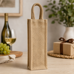 Sac cadeau en jute Zari pour bouteille de vin 12x33x12 cm, jute naturel Lurex, ouverture supérieure avec poignées de 30 cm, logo personnalisé, emballage de vente en gros et au détail - Product Image 5