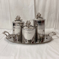 Ensemble de récipients en acier inoxydable martelé à la main avec plateau, pots de rangement de cuisine, ensemble de conteneurs décoratifs avec boutons de couvercle en forme de citrouille dorés