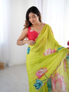 Hermoso Saree de Chinnon con Bordado de Espejo, Blusa sin Coser y Diseño Floral para Mujer, Ideal para Fiestas Tradicionales - Product Image 6