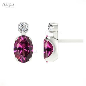 Handmade 14k Solid Gold Natural 7x5mm Oval Cut Rhodolite <b>Garnet</b> & Diamond Accent <b>Earrings</b> Wholesale Supplier From India - Product Image 1