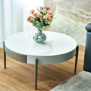 Modern <b>Round</b> <b>White</b> Real Wood Coffee <b>Table</b> with Drawers Metal Legs Golden Drum Coffee <b>Table</b> Circular Design - Product Image 1