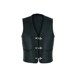 Gilet moto en cuir noir pour homme, col en V, fermeture à boutons-pression, couleur unie, vêtement d'extérieur d'hiver, coupe classique - Product Image 3