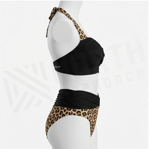 Ensemble bikini 2 pièces imprimé léopard pour femme, haut dos nu et bas taille haute côtelé extensible - Product Image 3