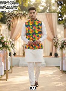 Kurta Koti Multicolor Maharaja para Bodas, Diwali y Fiestas, Satén Malai, Largo hasta el Suelo, Ropa Tradicional Masculina de Secado Rápido - Product Image 3
