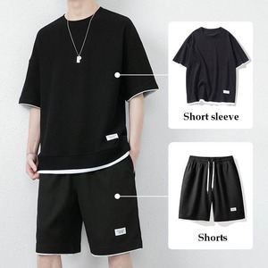 ชุดลำลองผู้ชายฤดูร้อนแบบใหม่ OEM สั่งทำได้ เสื้อยืดแขนสั้นสีพื้น กางเกงขาสั้นรัดเชือก ชุดออกกำลังกาย สตรีทแวร์ ชุดผู้ชาย 2 ชิ้น - Product Image 3