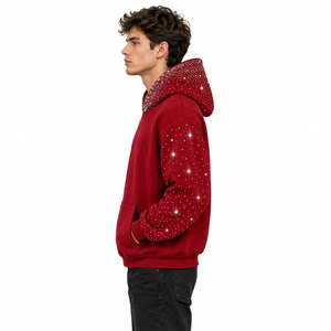 Sweat-shirt à capuche bordeaux pour homme avec manches dégradées en strass, style hip-hop, en molleton 100 % coton, tissu confortable et respirant - Product Image 5