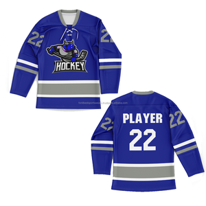 Maillot de hockey sur glace bleu personnalisé pour hommes, sublimé, col en V, fermeture à nouer, manches longues, numéro d'équipe, uniforme 100 % polyester écologique - Product Image 1