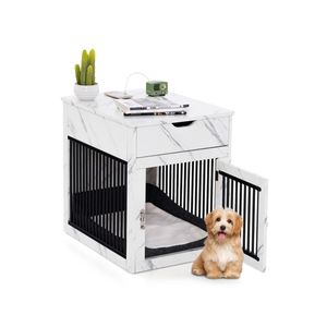 Casa para Perros de Madera Maciza Blanca con Cajón y Mesita de Noche Rectangular con Carga Inalámbrica para Uso en Interiores para Animales Pequeños - Product Image 1