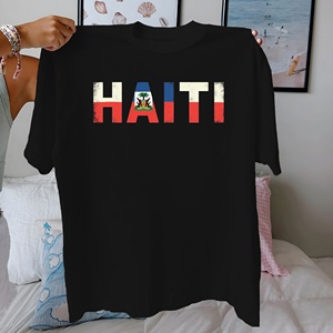 Camiseta Informal para Mujer con la Bandera de Haití, Tejido de Punto 100% Algodón, Cuello Redondo, Diseño Estampado, para Todas las Temporadas - Product Image 3