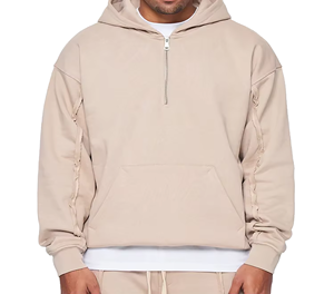Sweat-shirt à capuche zippé sur le côté pour homme, coupe ample, couleur unie, en molleton, décontracté, beige, coupe classique, en coton tricoté pour l'automne - Product Image 1