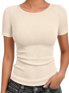 Women's Brown Ribbed O-<b>Neck</b> Short Sleeve Knitted Top Casual Solid Color T-Shirt - Product Image 2