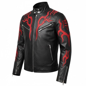 Chaqueta de Motociclista Gótica para Hombre, de Cuero Auténtico Negro, Resistente al Viento, con Bordado de Llamas Rojas, Estilo Cosplay, Chaqueta de Carreras, Logotipo Personalizado - Product Image 3