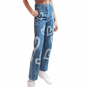 Jeans de Mujer con Parches, Cintura Alta, Pierna Recta, Elásticos, Pantalones de Mezclilla, Jeans de Moda para Chicas con Bloques de Color - Product Image 1