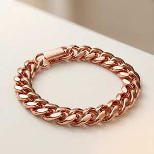 สร้อยข้อมือทองแดงแท้แบบ Cuban Link ทำมือ งานฝีมือโลหะหนัก ฮิปฮอป เครื่องประดับบำบัด สำหรับผู้ชายและผู้หญิง ชุบ OEM - Product Image 1