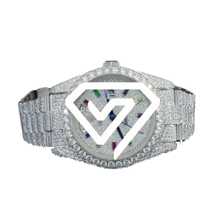 Montre de luxe entièrement sertie de moissanite, cadran arc-en-ciel, montre glacée de luxe, moissanite couleur D VVS, montre pour homme - Product Image 1