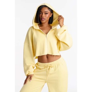 <b>Womens</b> Cream Hooded Crop Sweatshirt Full Sleeve Fleece Casual Autumn Wear Custom High Quality <b>White</b> Cotton French Terry Blank Cr - Product Image 5