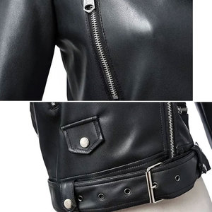 Blouson moto en cuir PU pour femme, manches longues, col ouvert, fermeture éclair, design court avec ceinture, style automne - Product Image 5