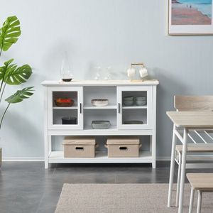 Credenza Classica Bianca 130*38*89.2cm con Doppie Ante Scorrevoli Trasparenti e Doppio Scomparto Interno, Ripiano Inferiore per Stoccaggio - Product Image 1