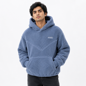 Custom Unisex Dusty Blue <b>Sherpa</b> <b>Fleece</b> Hoodie Oversized Warm Winter Pullover OEM Private Label Manufacturer - Product Image 1