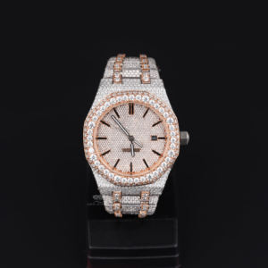 Montre-bracelet pour homme en acier inoxydable, personnalisée, entièrement sertie de moissanite, cadran à aiguilles, bicolore blanc et rose, style Hip Hop, pour le quotidien - Product Image 1