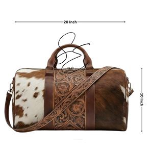 Western Cowhide <b>Leather</b> Duffle Bag Tooled Weekender Travel Bag Hair On Hide Overnight Handbag for <b>Women</b> <b>Holdall</b> Carryall Bag - Product Image 2